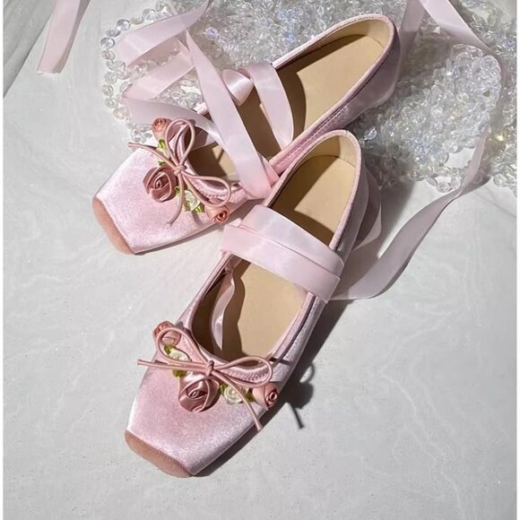 Women Pinkflower Canvas Lace Up Ankle Strap Floral Dressy Ballet Flats Shoes - Picture 5 of 7